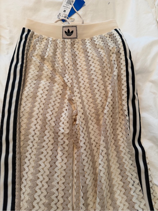 adidas Pants - adidas woman’s Cream crochet pants with Black Side Stripes